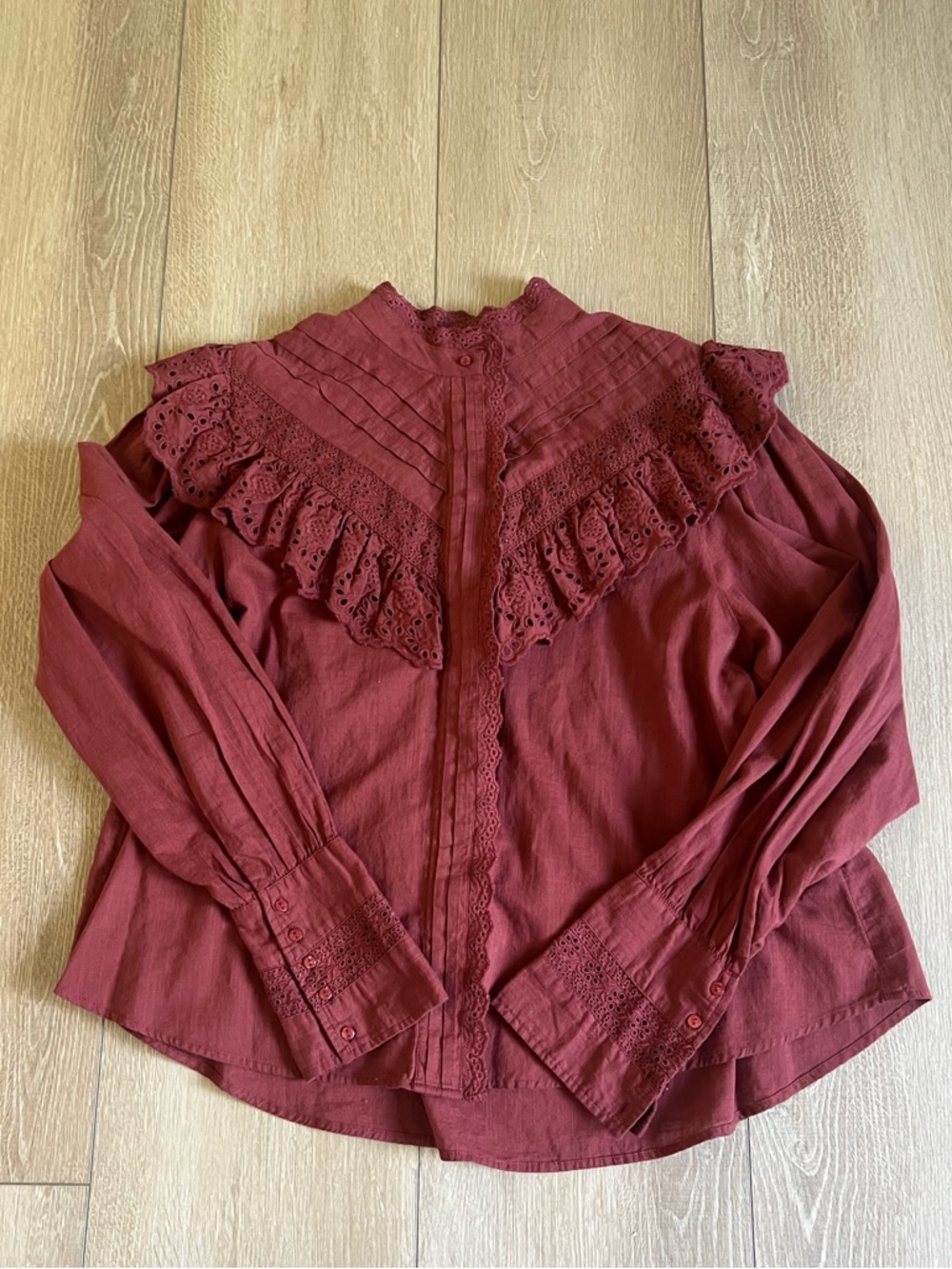 Free People Hit the Road Rust Brown Button Down Ruffle Top Sz M
